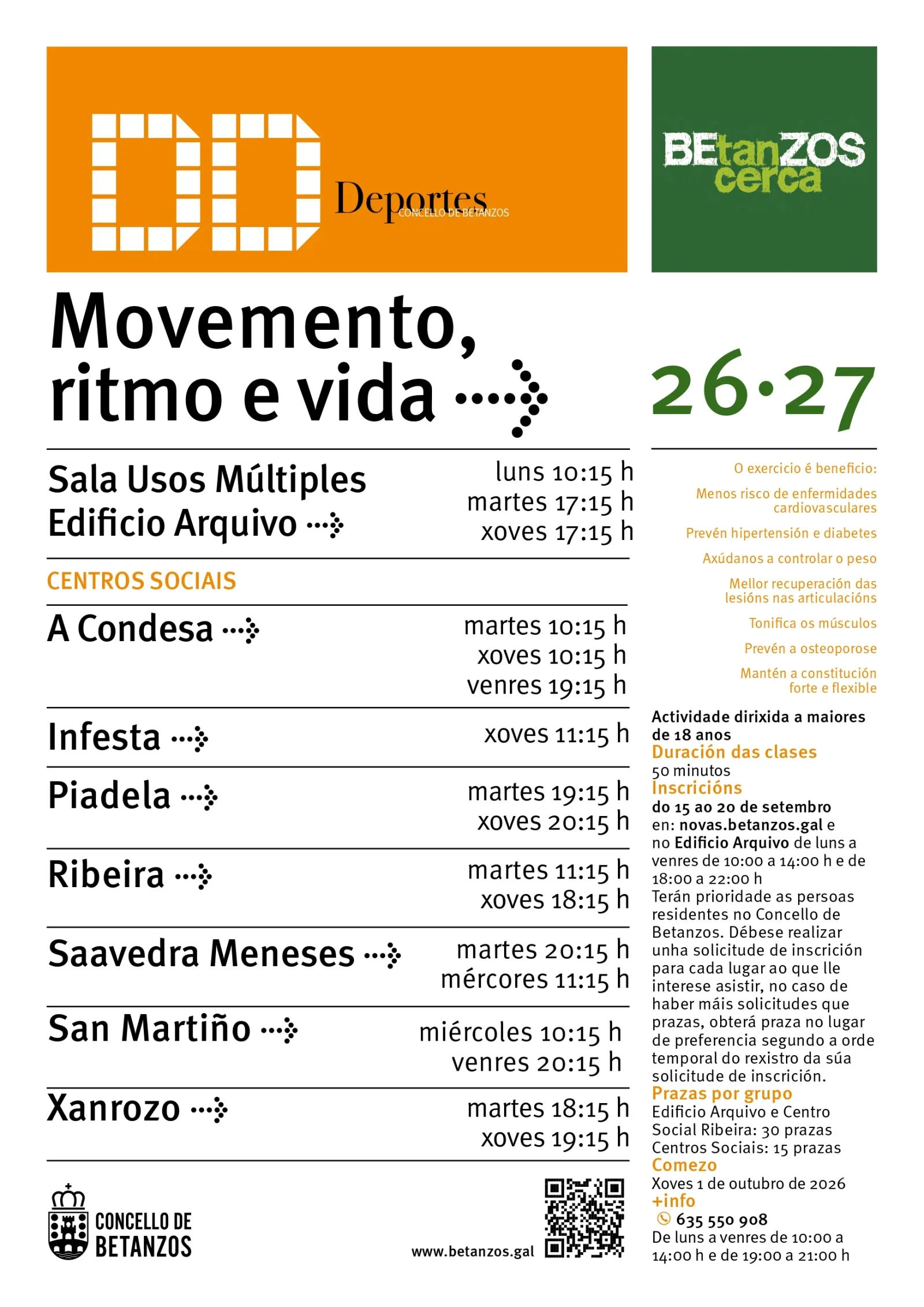 Cartel do programa municipal de ximnasia «Movemento, ritmo e vida» 2026-2027 do Concello de Betanzos