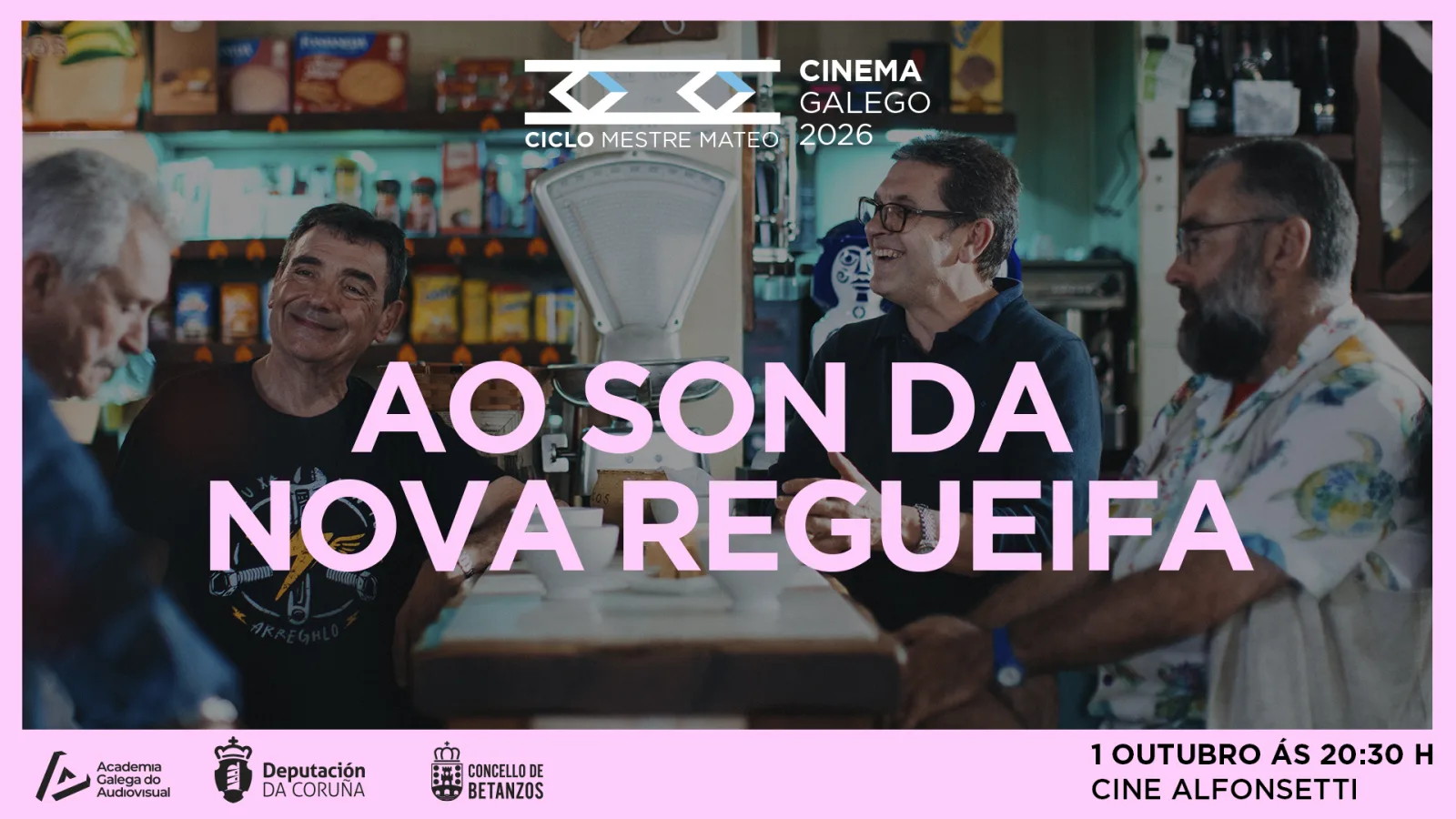 Imaxe promocional de «Ao son da nova regueifa»: catro homes conversan e rin arredor do mostrador dunha tenda-bar. Proxección o 1 de outubro ás 20:30 h no Cine Alfonsetti.