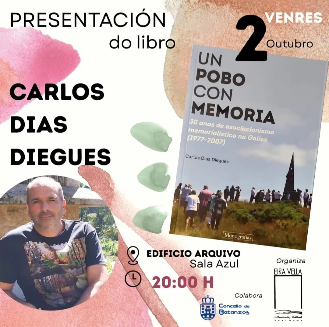 Cartel da presentación do libro «Un pobo con memoria», de Carlos Dias Diegues