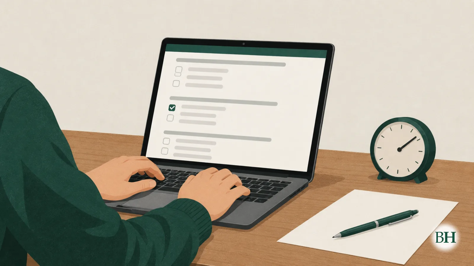 Ilustración xerada con intelixencia artificial. Mans dunha persoa adulta sobre o teclado dun portátil respondendo un exame en liña, cun reloxo de mesa, un bolígrafo e unha folla en branco.