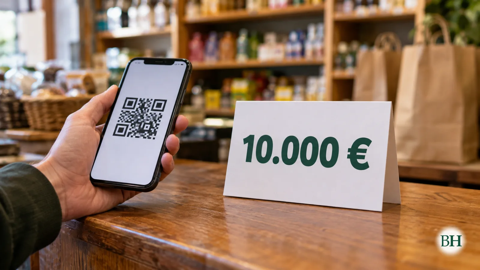 Ilustración generada con inteligencia artificial. Primer plano de la mano de una persona sosteniendo un smartphone que muestra solo un patrón genérico de tipo QR en la pantalla, sin texto, en el mostrador de madera de…