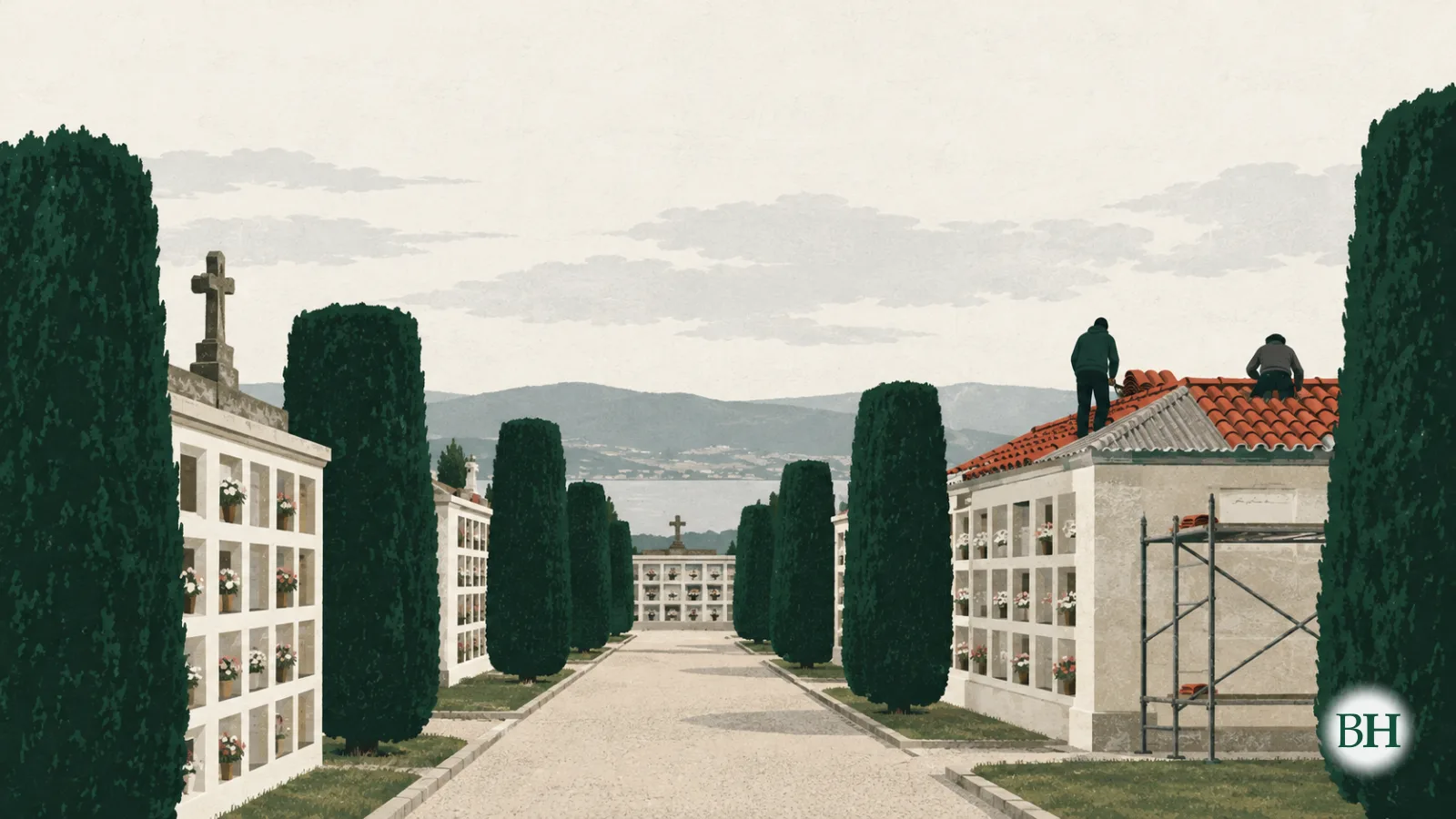 Ilustración generada con inteligencia artificial. Un cementerio municipal gallego tranquilo visto desde un camino: largos bloques bajos de nichos blancos en filas, con altos tejos cilíndricos recortados de verde oscuro…