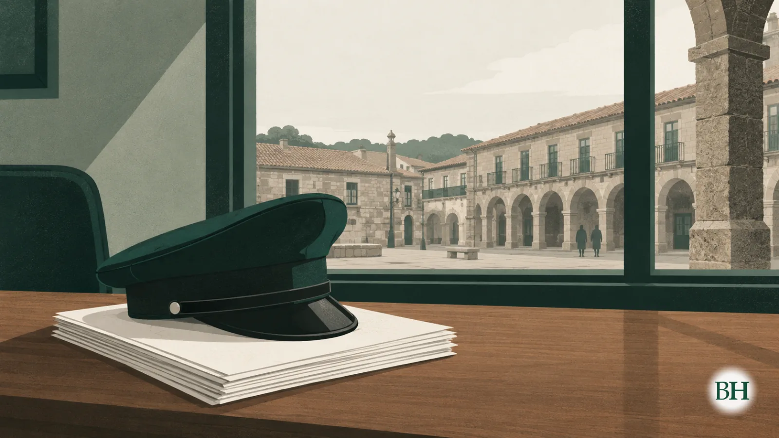 Ilustración generada con inteligencia artificial. Ilustración editorial para una noticia sobre el reclutamiento de la policía local en un pequeño pueblo gallego: una gorra de plato lisa sobre una pila ordenada de…