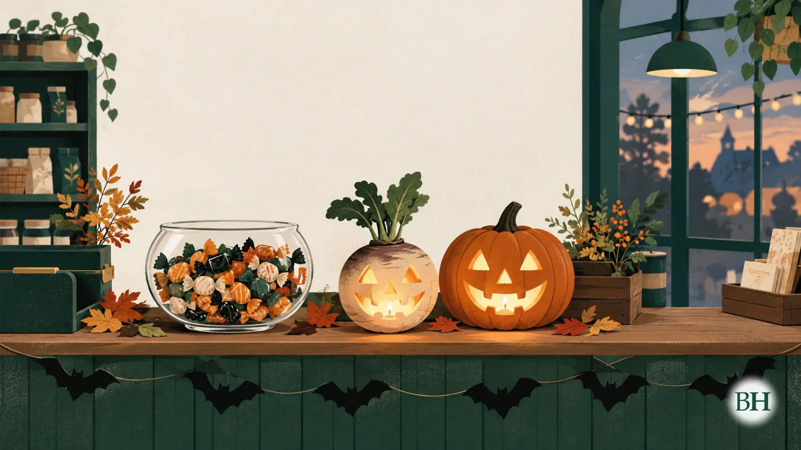 Ilustración generada con inteligencia artificial. Ilustración editorial para una noticia local sobre comercios pequeños que dan dulces a niños disfrazados por Samhain. Mostrador acogedor visto de frente con un cuenco…