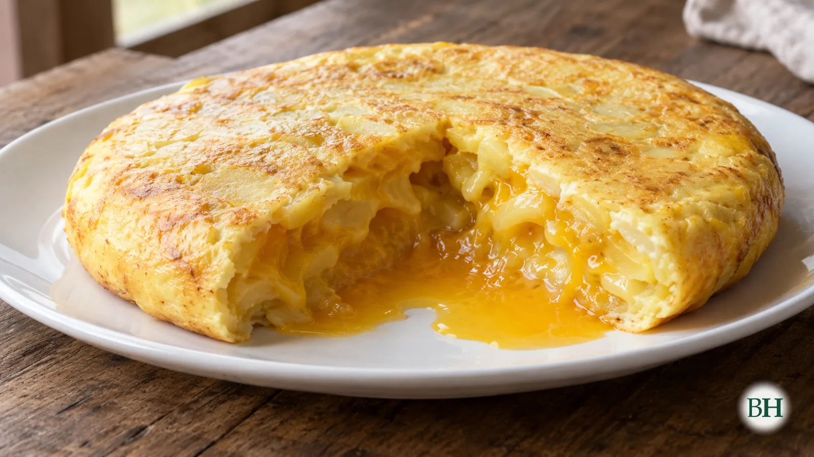 Ilustración xerada con intelixencia artificial. Primeiro plano dunha tortilla de patacas ao estilo de Betanzos, aberta cunha porción retirada, amosando un interior moi líquido, apenas callado: ovo cru brillante que…