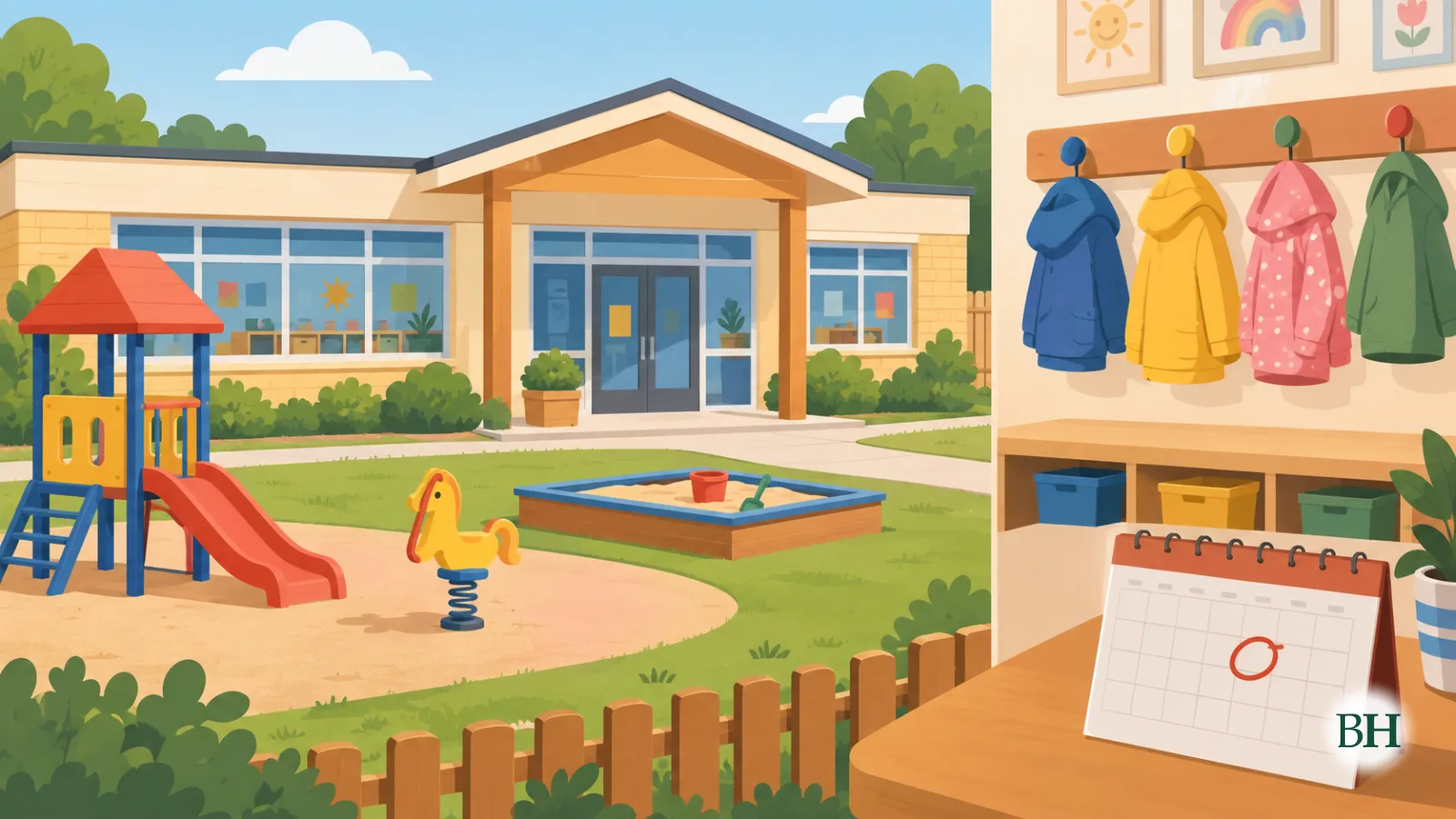 Ilustración xerada con intelixencia artificial. Ilustración editorial plana, un edificio de escola infantil municipal cun pequeno parque, uns abrigos de nenos en ganchos e un calendario que amosa unha data de…