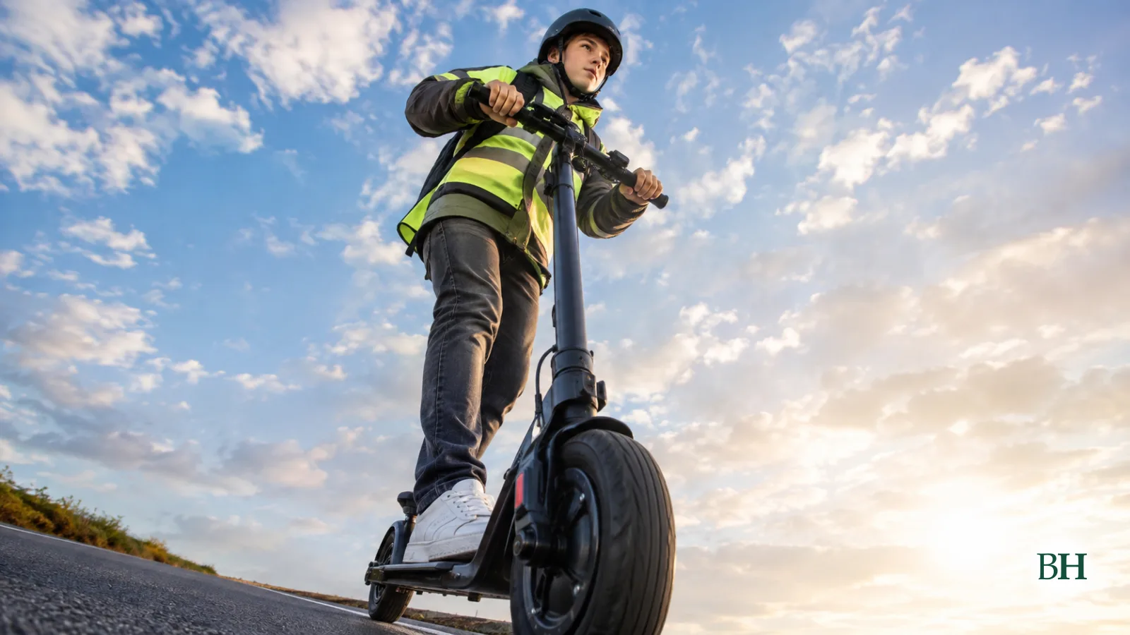 Ilustración xerada con intelixencia artificial. Neno de 15 anos español con casco e chaqueta reflectante nun patinete eléctrico nunha estrada. Plano contrapicado. Non se recoñece o lugar polo ángulo da cámara.