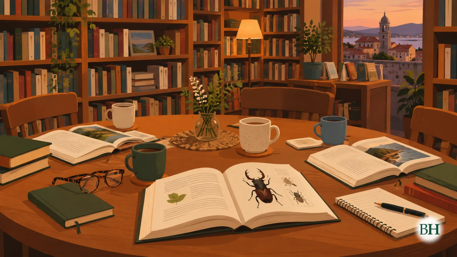 Ilustración xerada con intelixencia artificial. Ilustración editorial plana para unha noticia local sobre as reunións mensuais do club de lectura dunha pequena libraría independente nunha vila galega. Unha mesa…