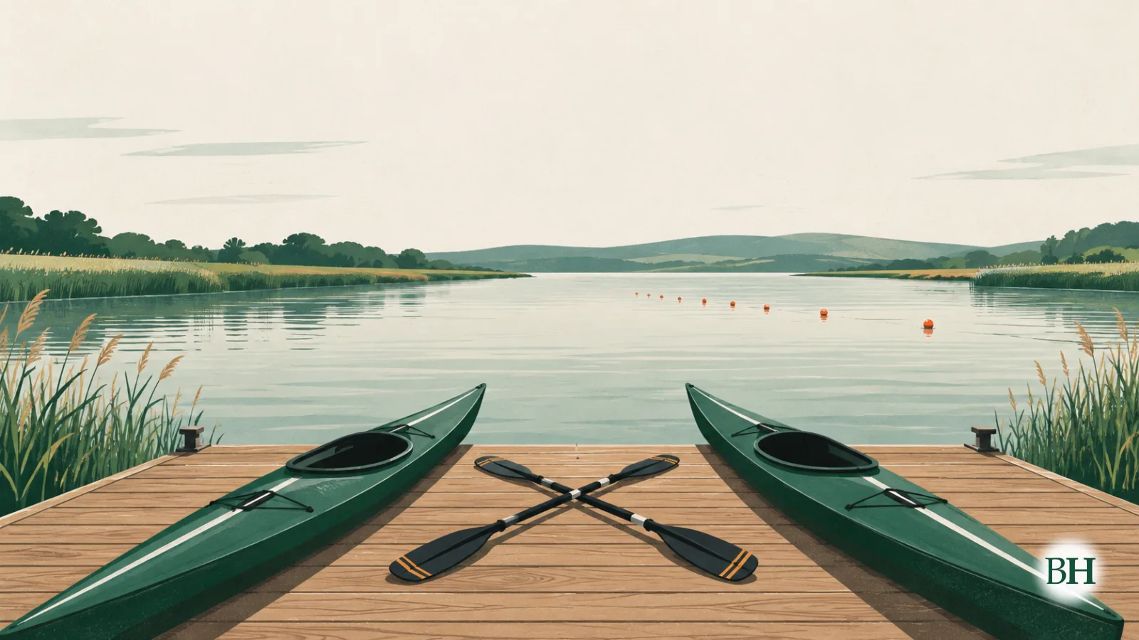 Ilustración generada con inteligencia artificial. Ilustración editorial para una noticia local sobre una conversación pública con el presidente de un club de piragüismo. Dos kayaks de sprint vacíos y palas cruzadas…