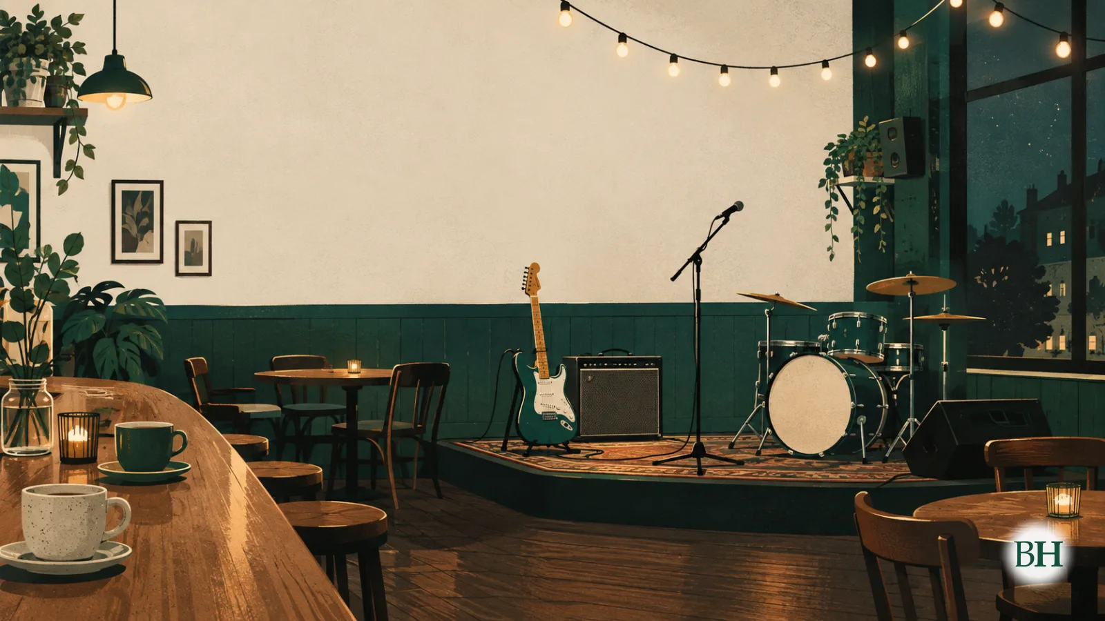 Ilustración generada con inteligencia artificial. Ilustración editorial para una noticia local sobre el programa mensual de conciertos en directo en el café bar de una pequeña localidad. Un acogedor escenario en un…