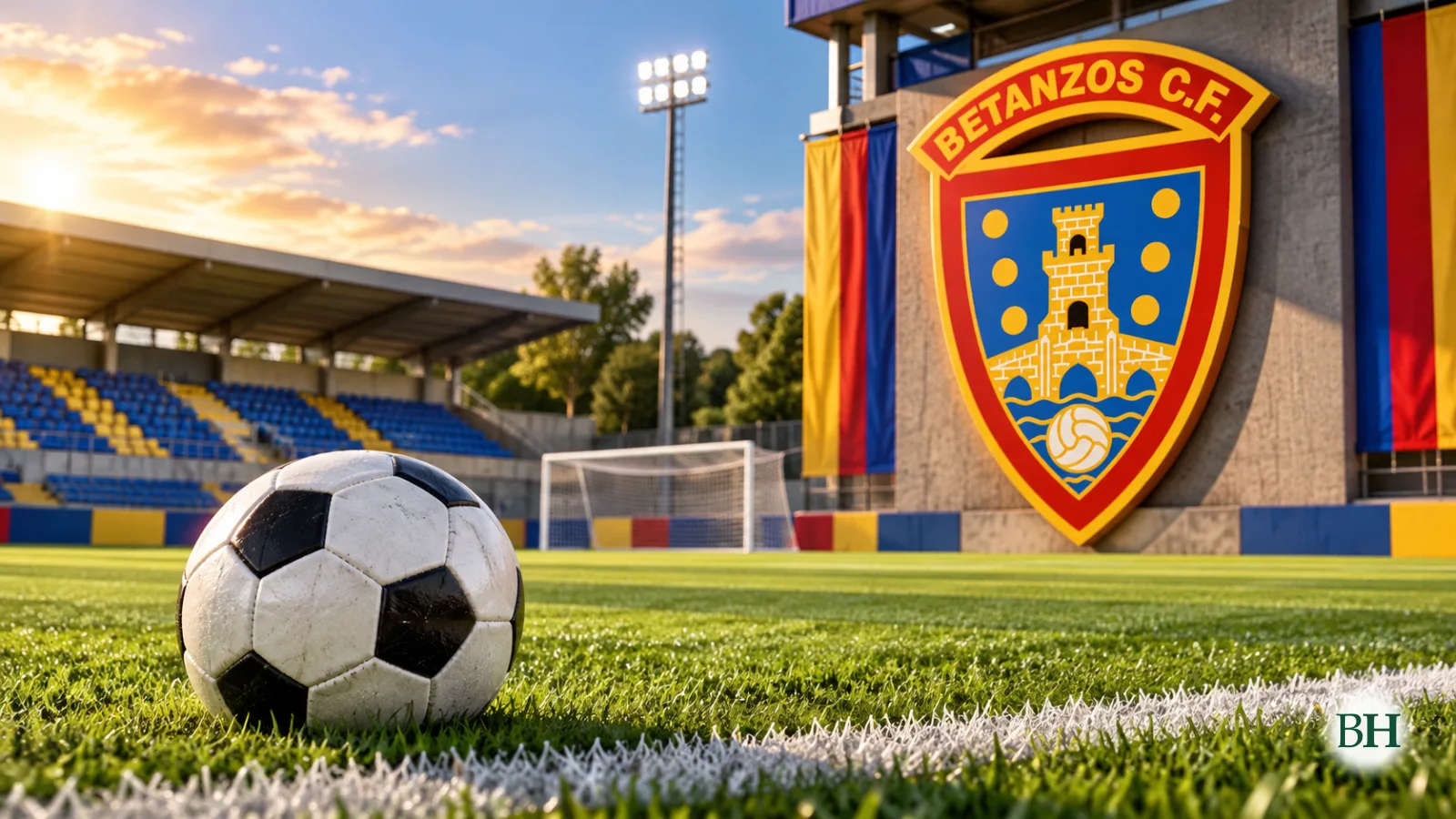 Un campo de fútbol con un balón y el escudo del Betanzos C.F.