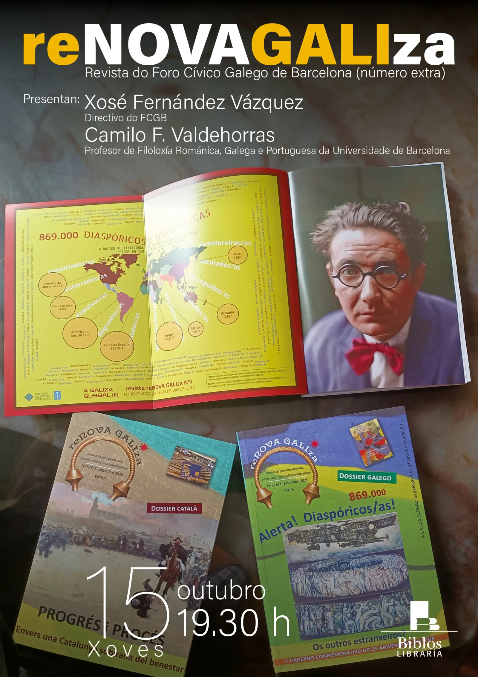 Cartel da presentación do número extra de reNOVA GALIza na Libraría Biblos o xoves 15 de outubro ás 19:30, cun exemplar aberto por un mapa da diáspora galega e un retrato, e dúas cubertas da revista.