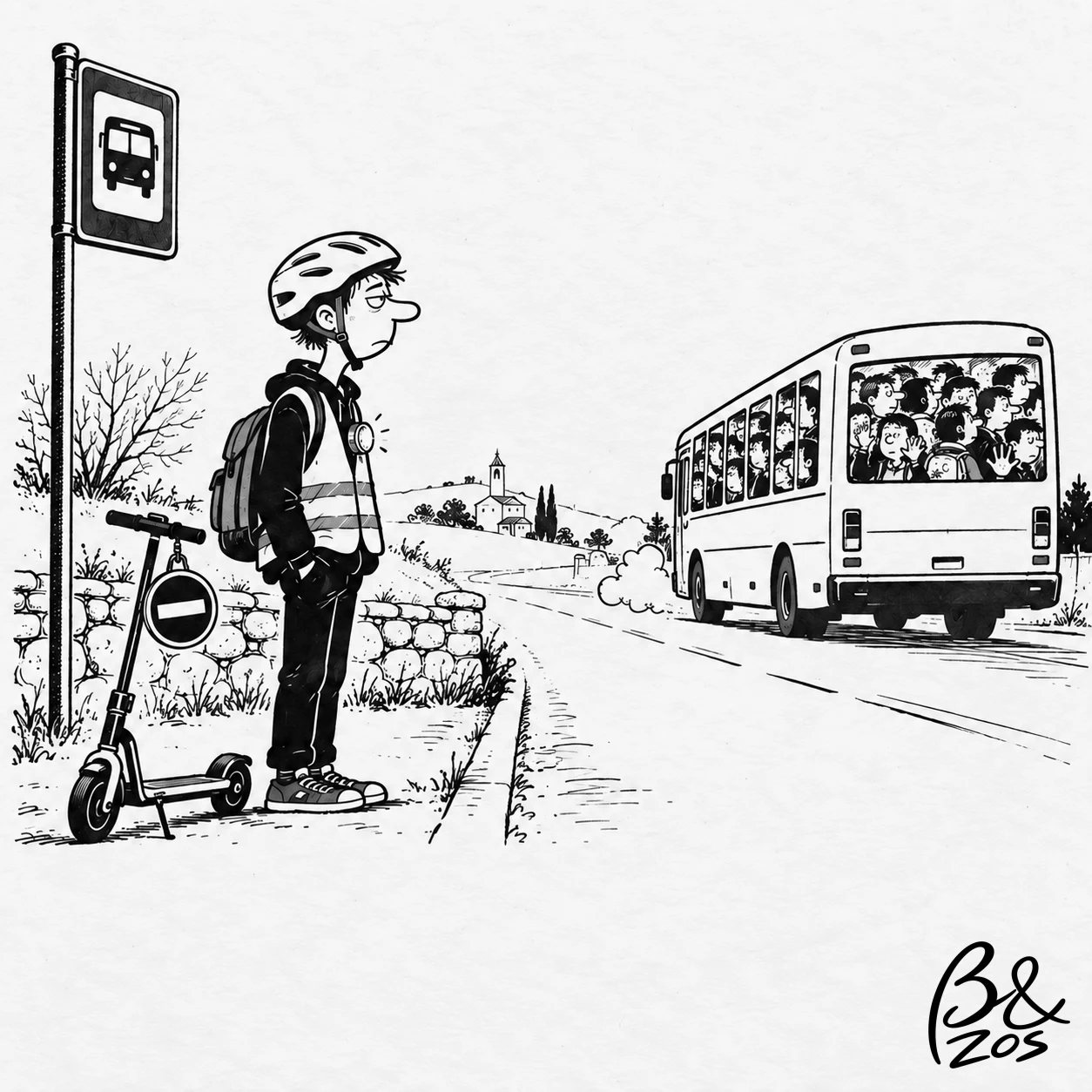 Un mozo con casco e chaleco reflectante e o patinete parado mentres un bus vai ateigado de nenos