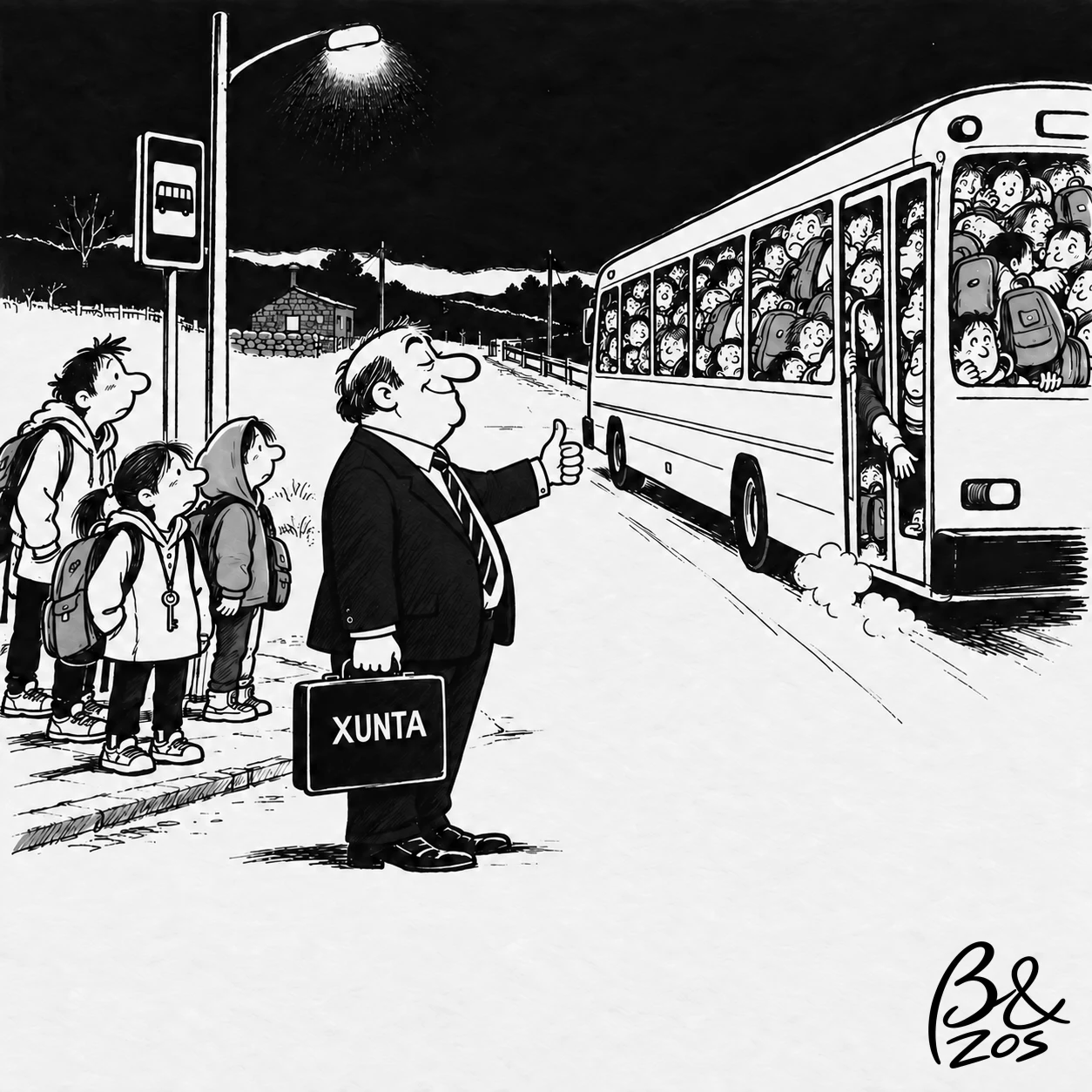 Un hombre representando la Xunta mientras que pasa un bus abarrotado de niños
