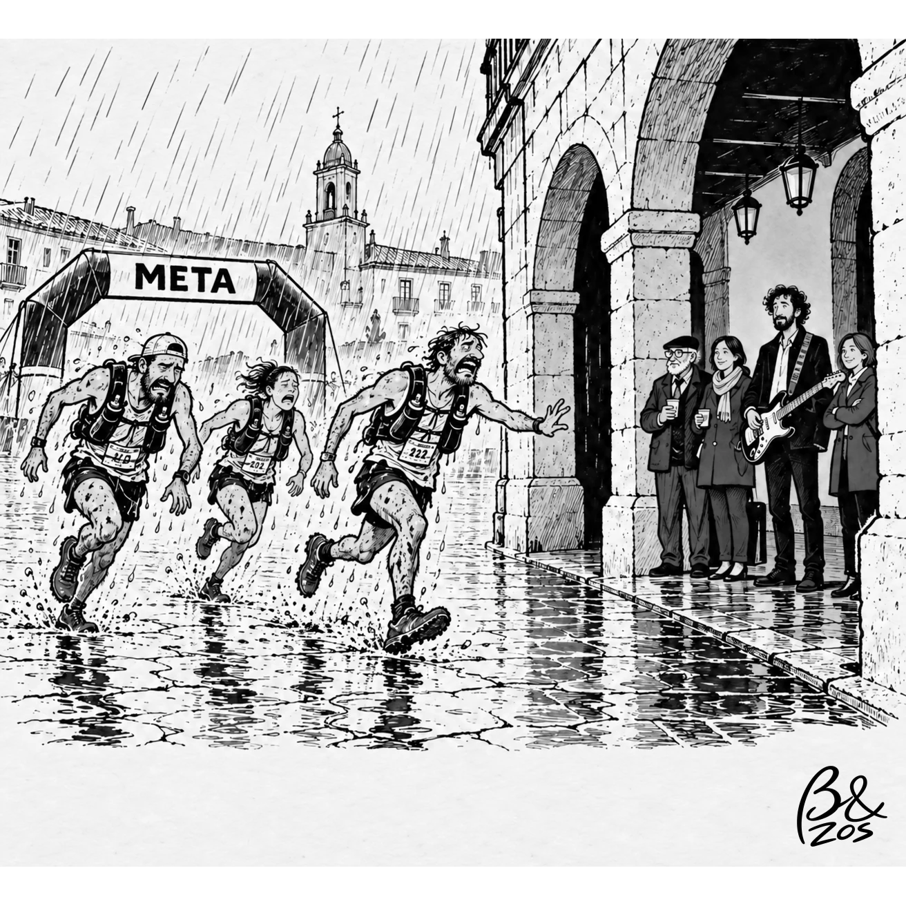 Corredores baixo a choiva mentres os espectadores observan refuxiados nos soportais